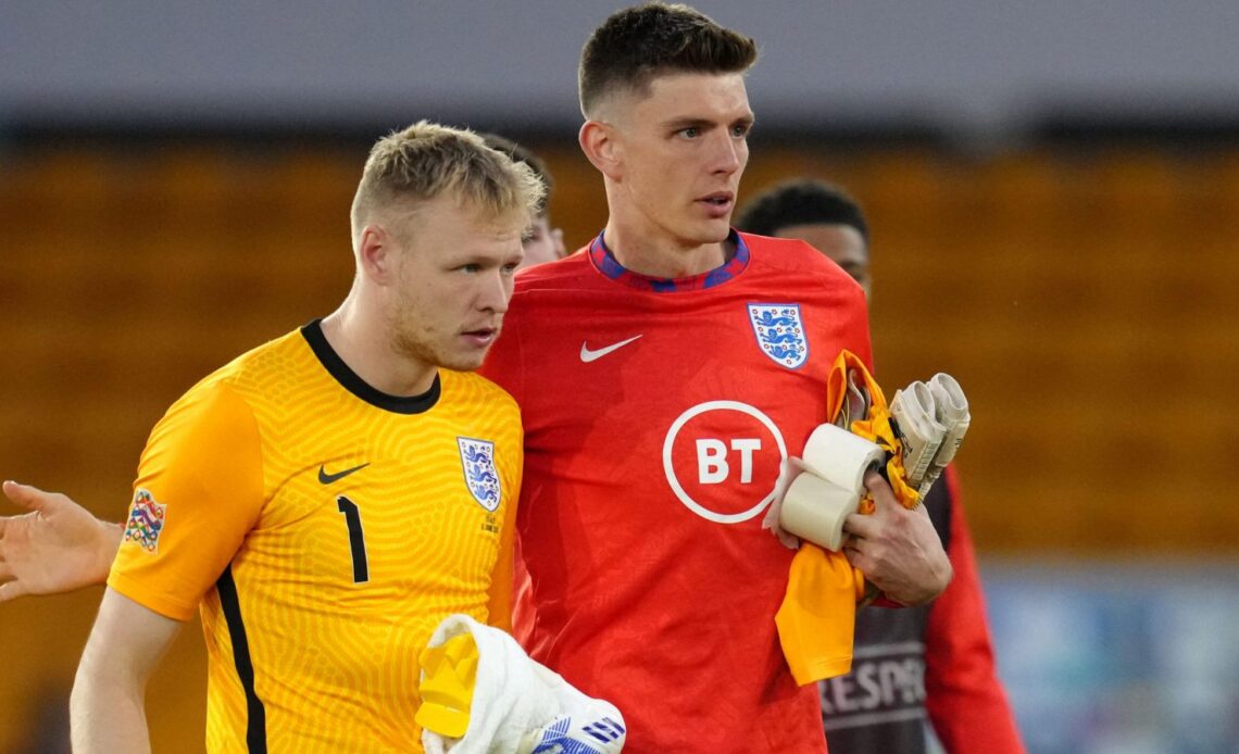 Nick Pope greets Aaron Ramsdale after England draw with Burnley.