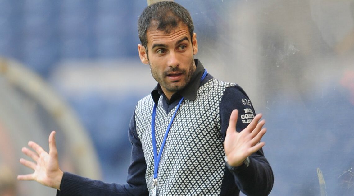 Pep Guardiola, wearing a snazzy jumper, gestures at his assistant during a friendly against Hibs in July 2008.