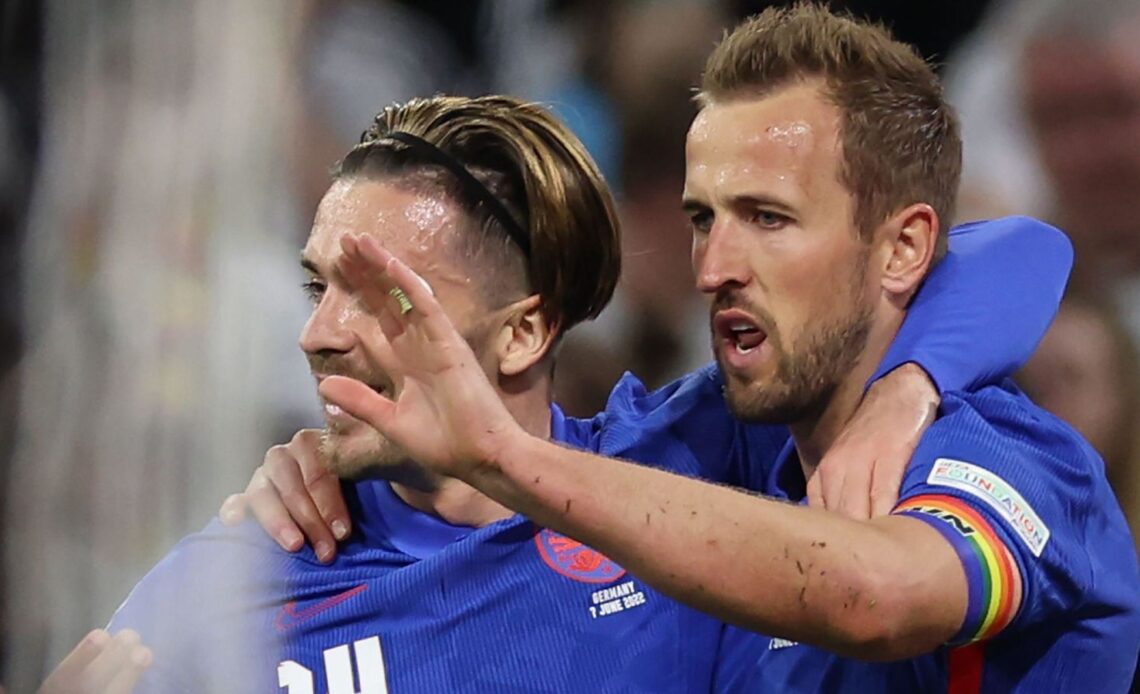 Jack Grealish and Harry Kane celebrate after England equalise in a 1-1 Nations League draw against Germany