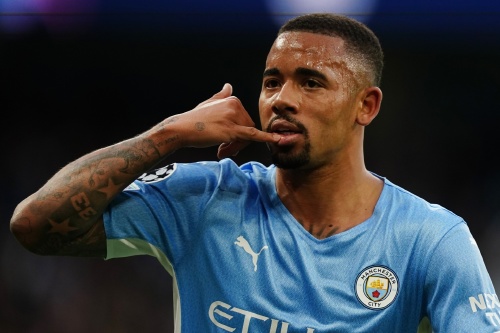 Gabriel Jesus celebrates scoring against Real Madrid in the Champions League semi-final first leg at the Etihad Stadium in April 2022