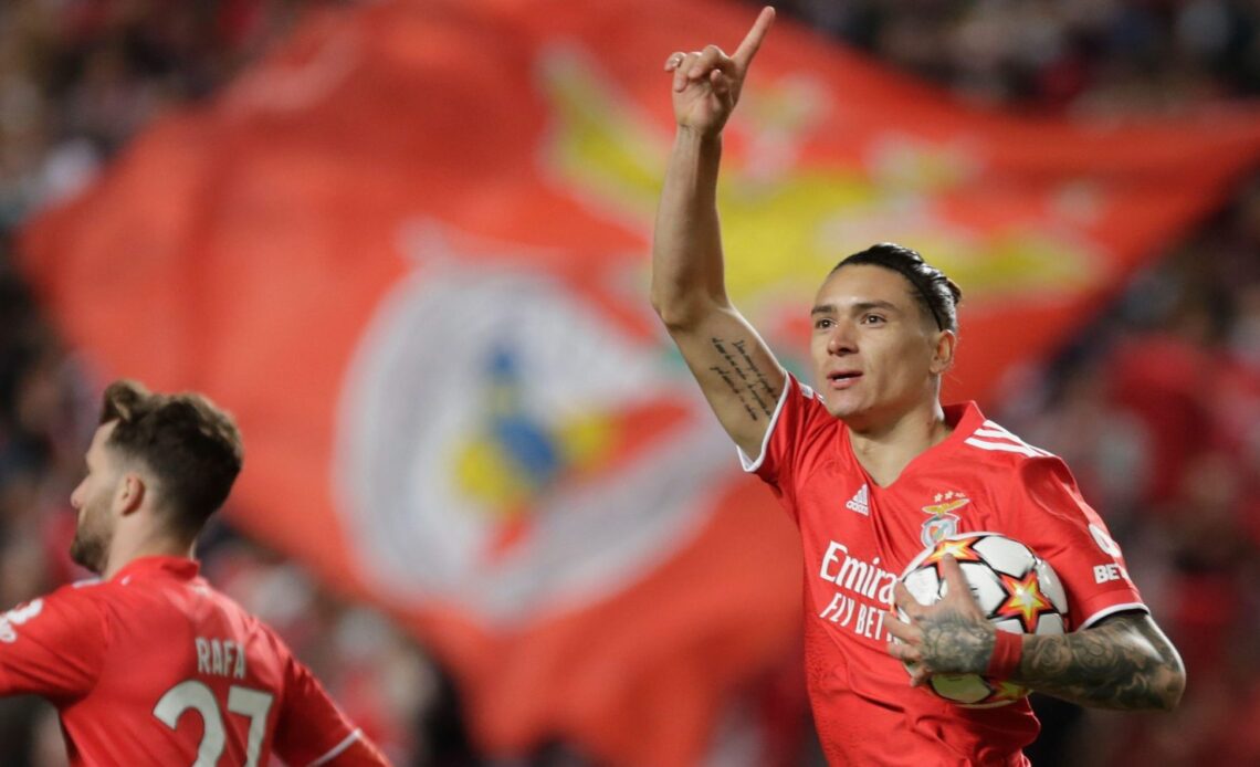 Darwin Nunez celebrates scoring for Benfica against Liverpool.