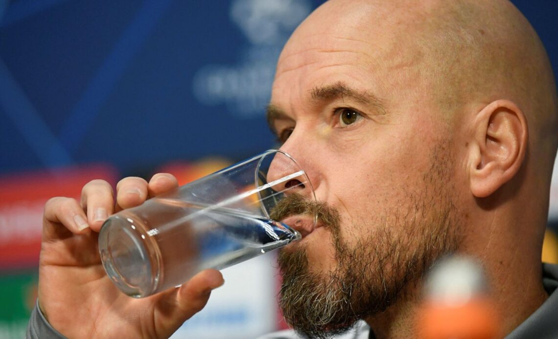 Man Utd boss Erik ten Hag takes a sip of water during a press conference