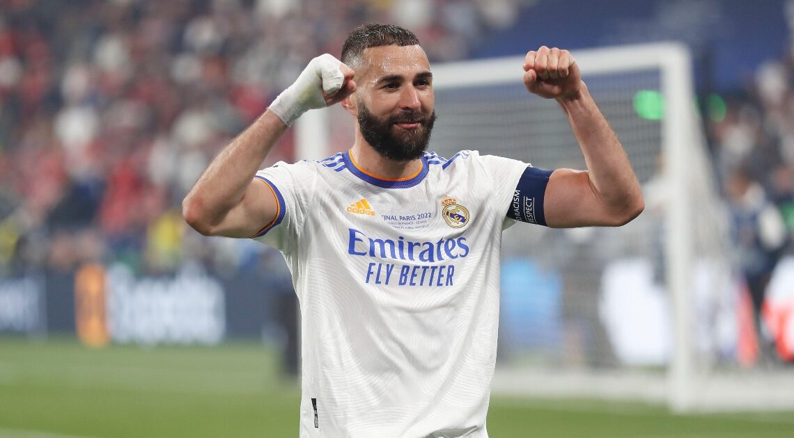 Karim Benzema celebrates after Real Madrid win the Champions League final. Stade de France, 28th May, 2022.