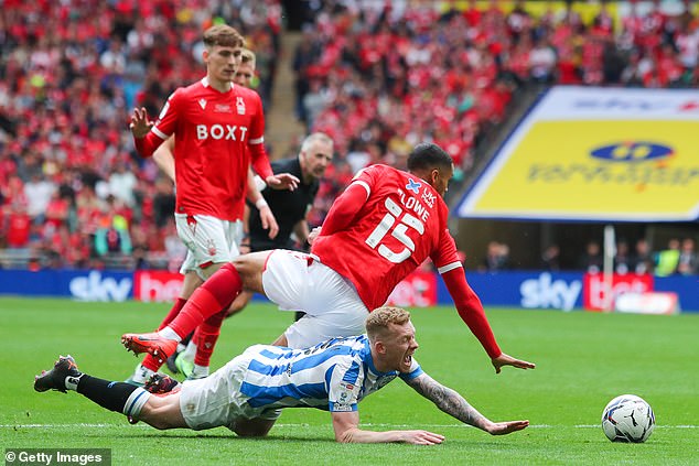 Lewis O'Brien (bottom) also appealed for a spot kick against Nottingham Forest in the decider