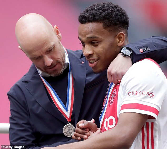 Dutch defender Timber was heavily linked with joining his former manager Erik ten Hag (left) at Old Trafford this summer but declined the chance to join the Red Devils, feeling it was a risk