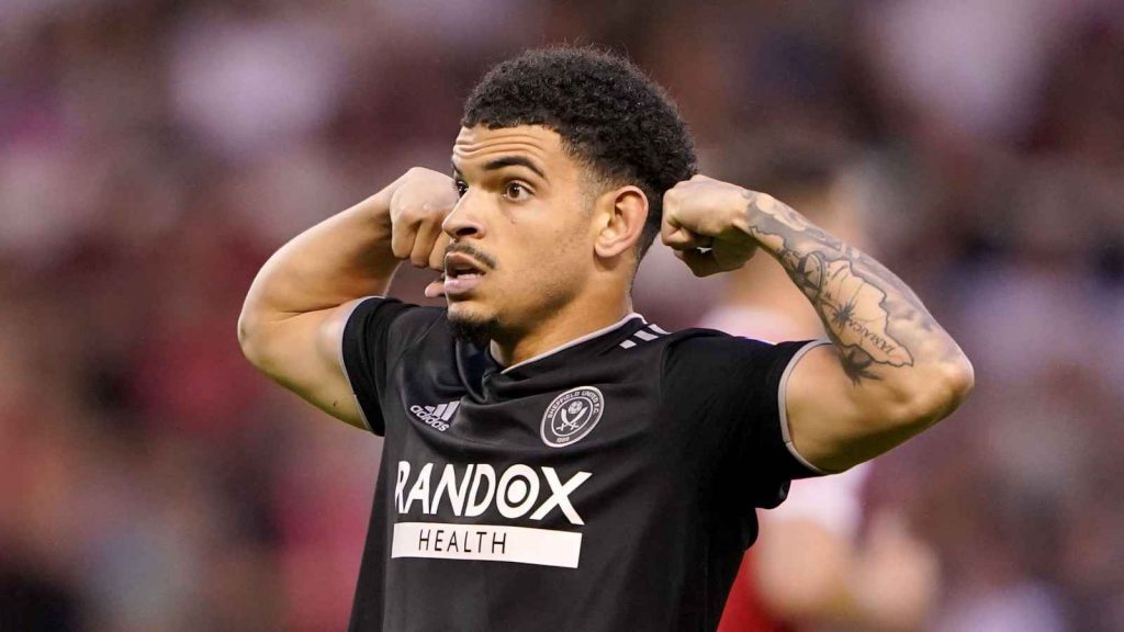 Morgan Gibbs White celebrates scoring for Sheffield United