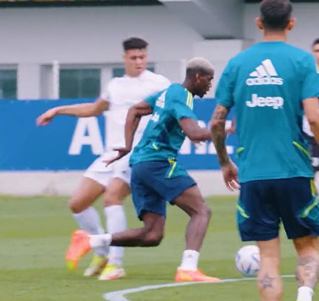 A clip shared to Juve's official Twitter page saw Pogba skip past his defender (above)