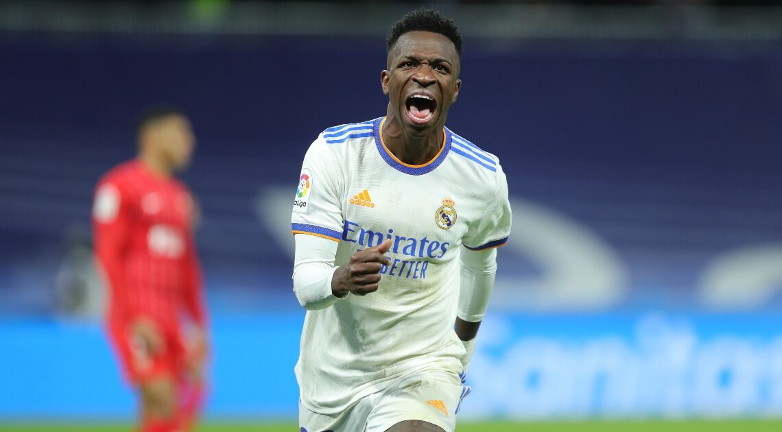 Vinicius Jr of Real Madrid celebrates after scoring goal during the La Liga match between Real Madrid and Sevilla.