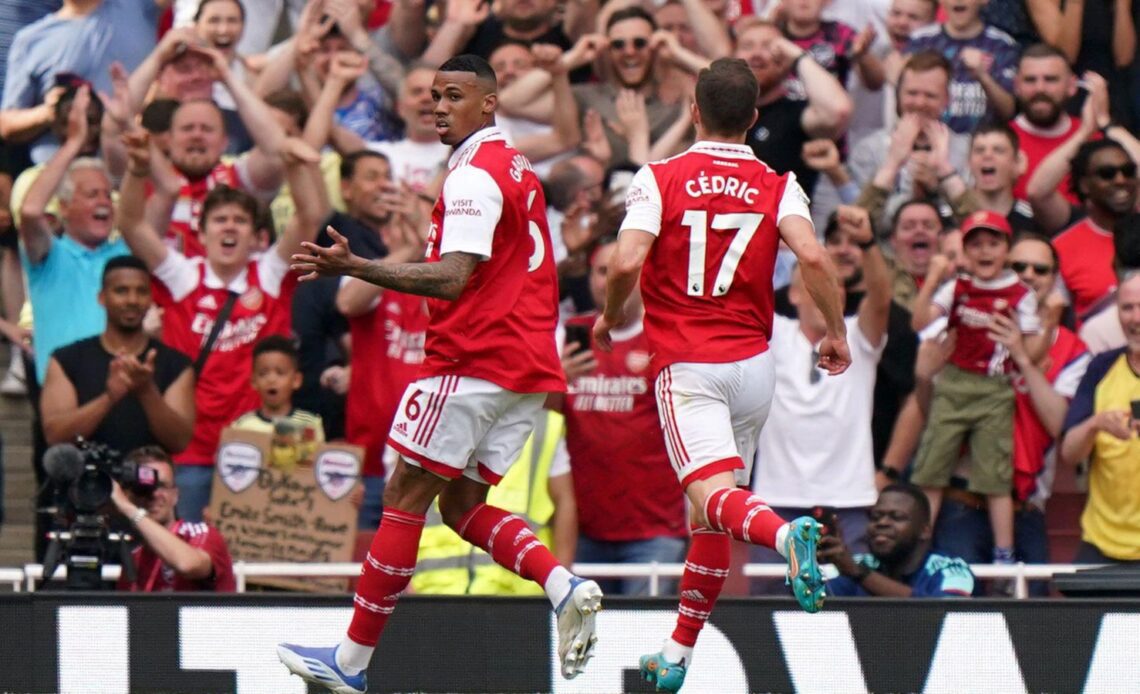Arsenal defender Gabriel Magalhaes celebrates scoring a goal