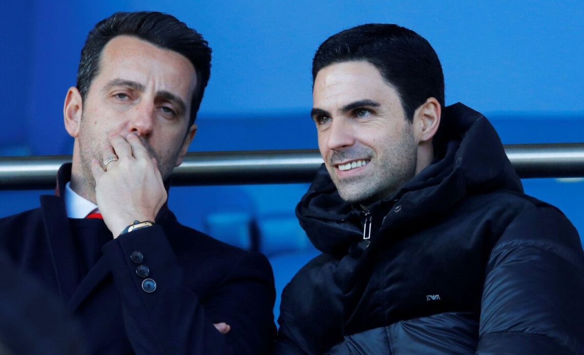 Arsenal technical director Edu and Mikel Arteta share a joke