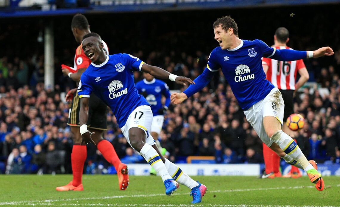 Former Everton duo Idrissa Gueye and Ross Barkley celebrate a goal