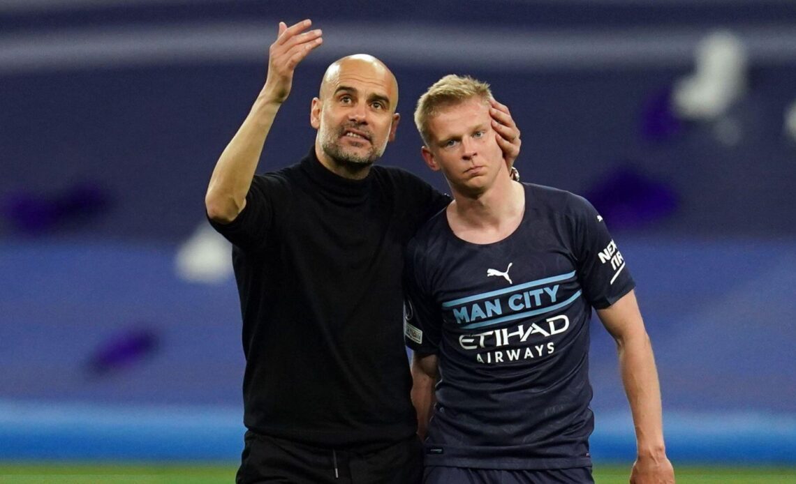 New Arsenal signing Oleksandr Zinchenko is consoled by Pep Guardiola