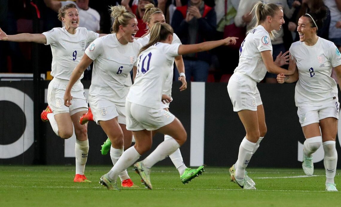England Lionesses celebrate scoring against Sweden in European Championships semi-final.