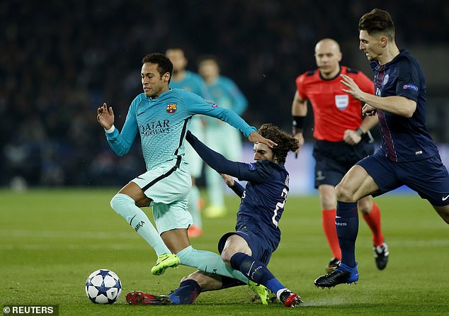 Rabiot slides in on future team-mate Neymar during a Champions League clash with Barcelona