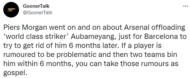 Twitter account GoonerTalk suggested Barca are letting Aubameyang leave because he is 'problematic'