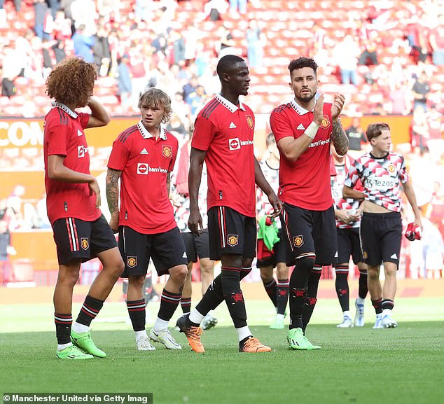 Mejbri, furthest left, featured in three pre-season friendlies for the Red Devils this summer