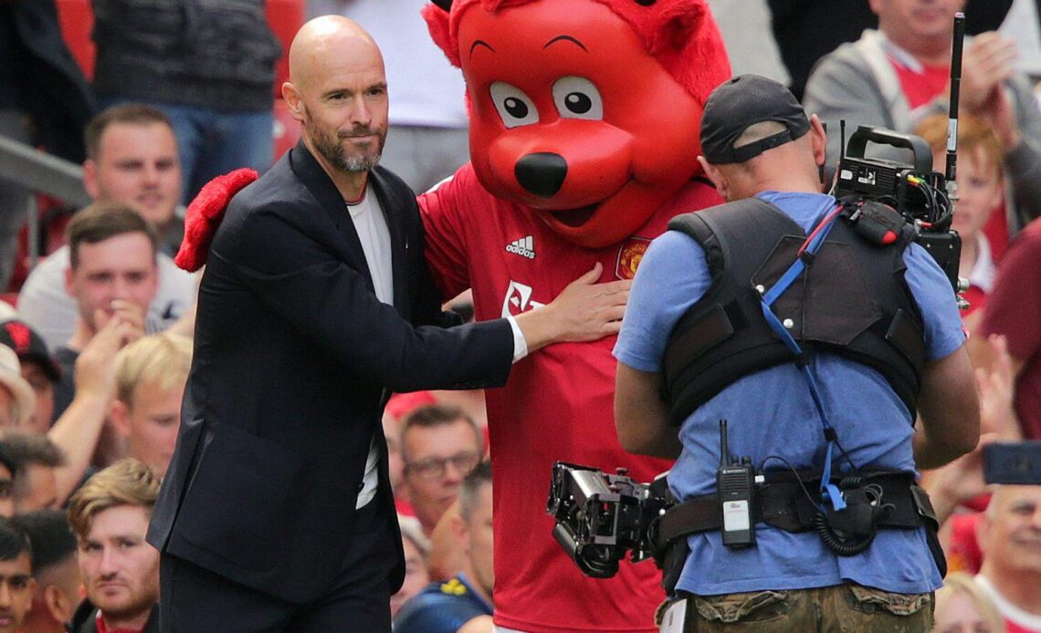 Erik ten Hag is greeted by Fred the Red before Man Utd face Brighton.