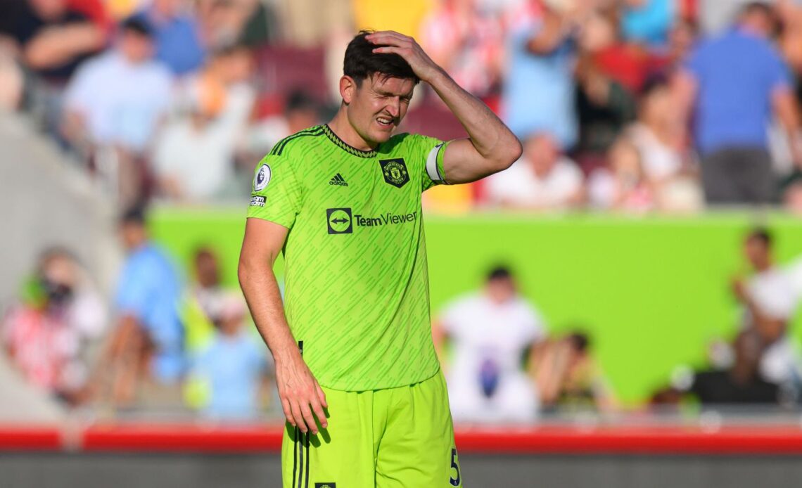 Harry Maguire of Manchester United reacts during the 4-0 Premier League defeat at Brentford