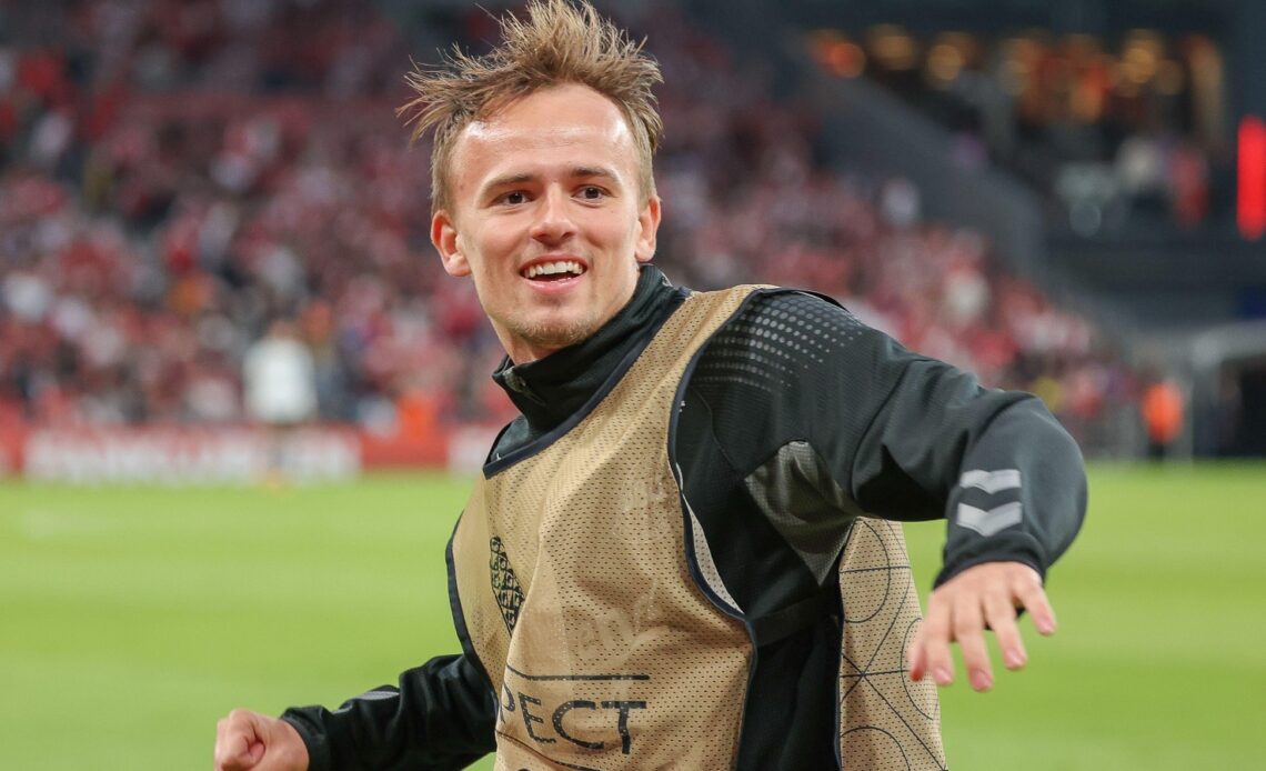 New Brentford signing Mikkel Damsgaard celebrates a goal