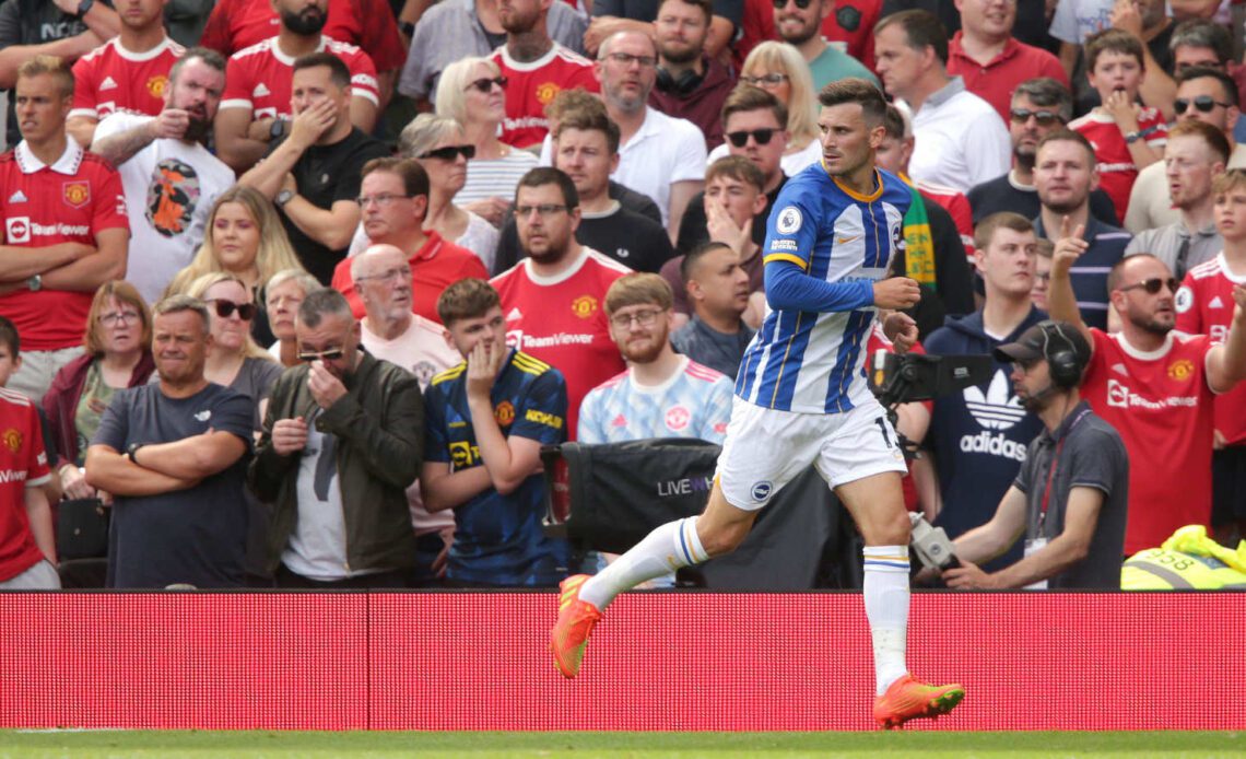 Pascal Gross celebrates after scoring for Brighton at Manchester United
