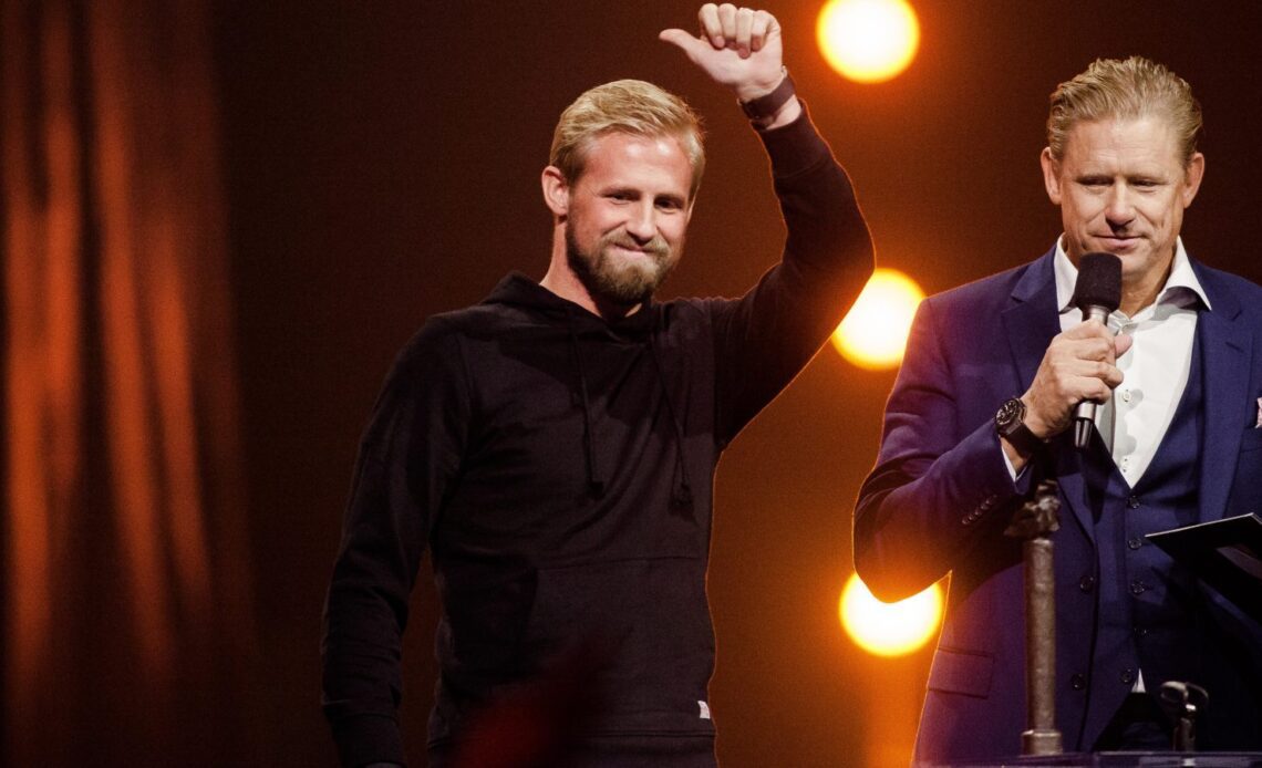 Kasper Schmeichel on stage with his father Peter Schmeichel.