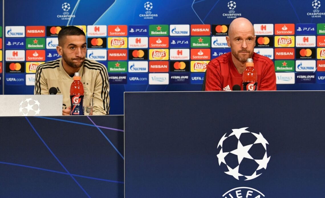Reported Man Utd target Hakim Ziyech and Erik ten Hag during a press conference