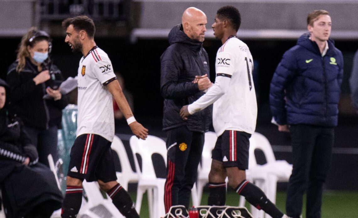 Man Utd forward Marcus Rashford and Erik ten Hag shake hands