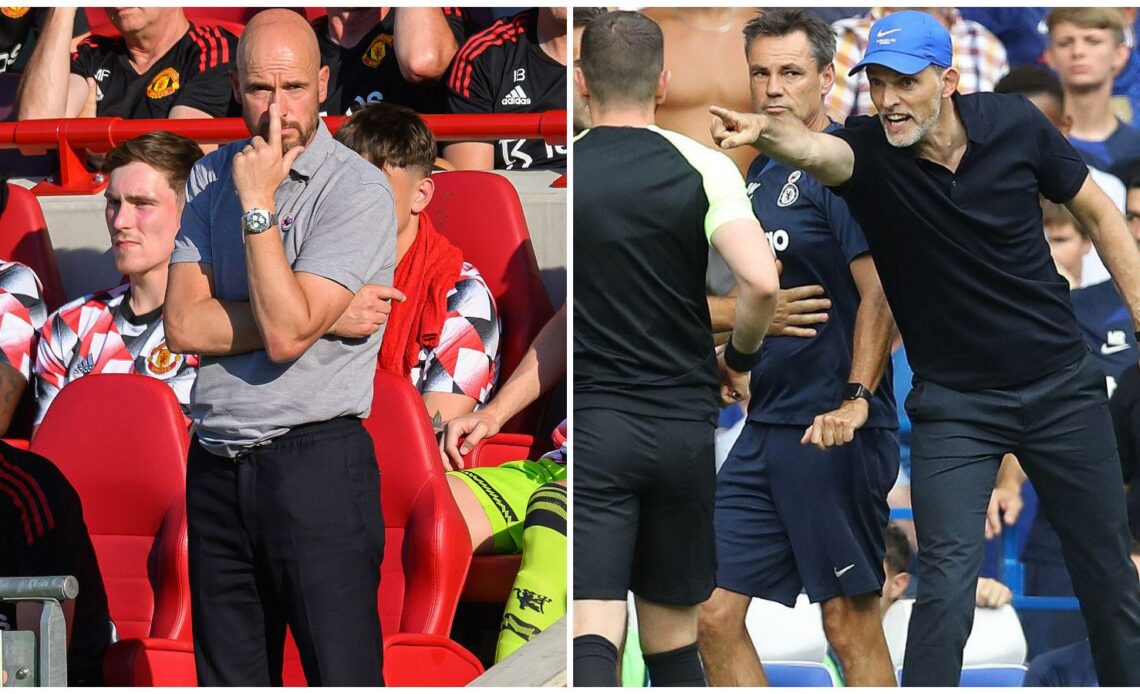 Manchester United manager Erik ten Hag and Chelsea boss Thomas Tuchel watch on from the sidelines.