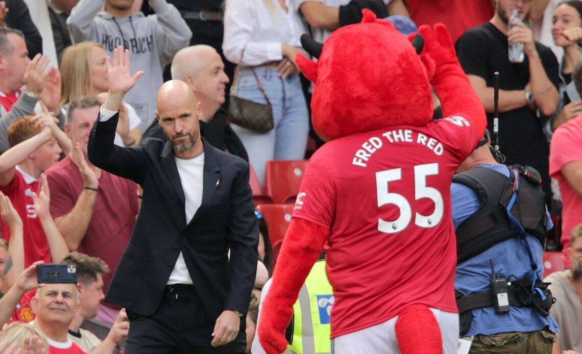 New Manchester United manager Erik ten Hag waves to fans ahead of the opening Premier League game against Brighton at Old Trafford