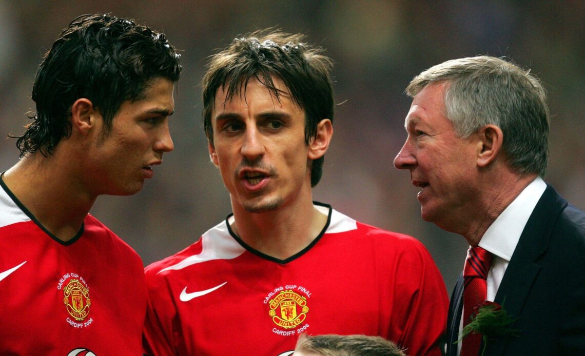 Gary Neville and Cristiano Ronaldo speaking with Sir Alex Ferguson