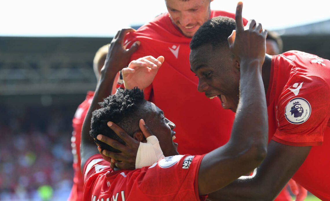 Nottingham Forest players celebrate their goal against West Ham