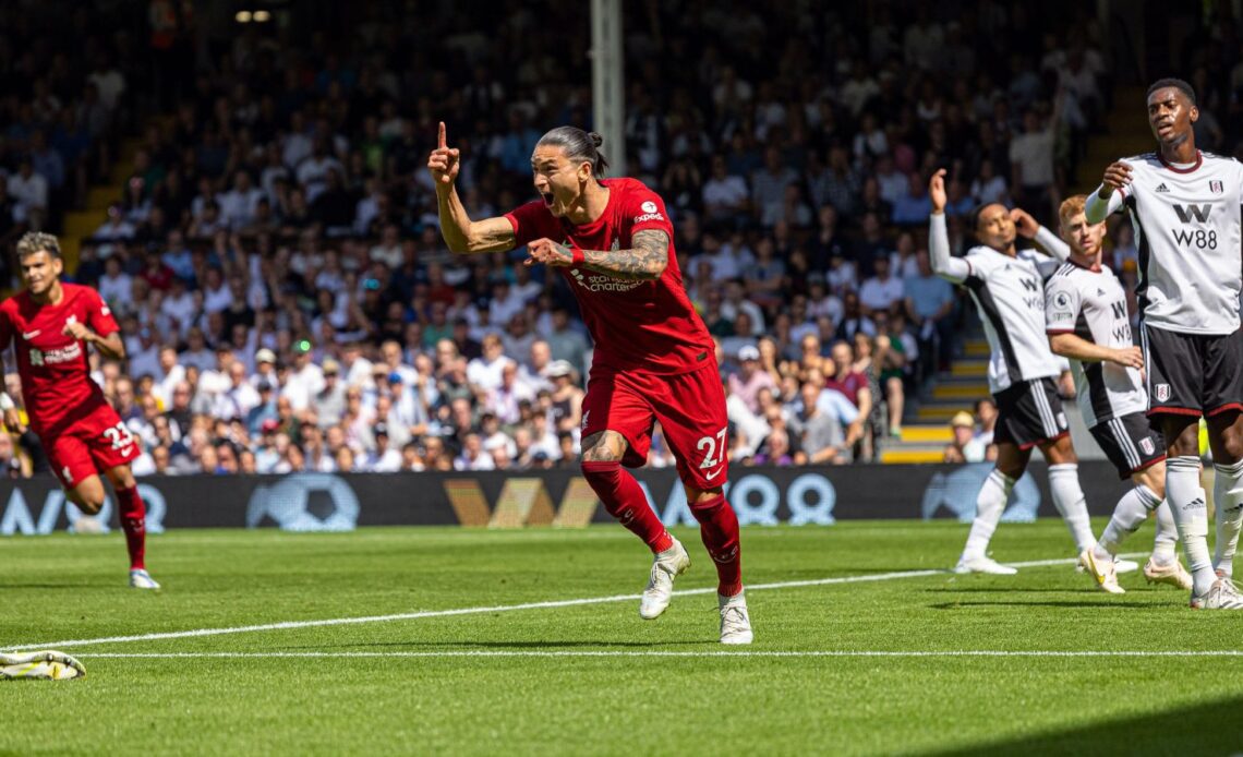 Liverpool striker Darwin Nunez celebrates scoring a goal