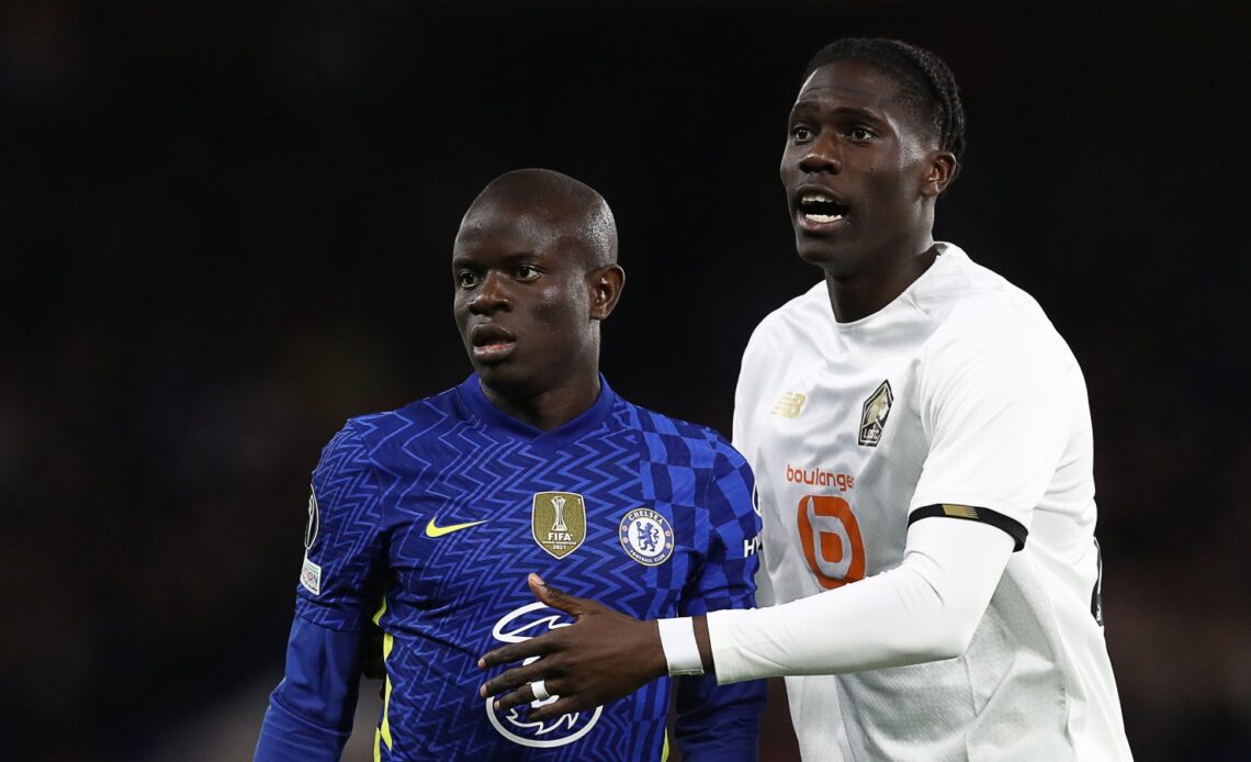 Reported Everton target Amadou Onana marking N'Golo Kante during a match