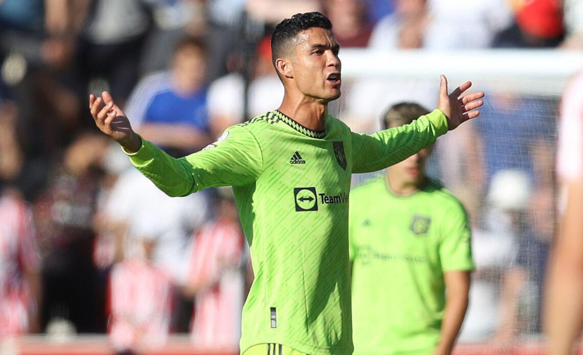 Man Utd striker Cristiano Ronaldo shouts towards the bench