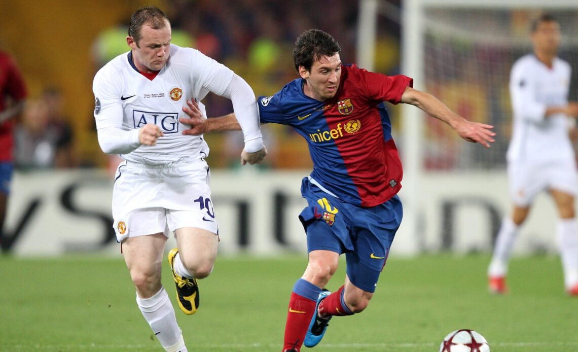 Wayne Rooney and Lionel Messi compete for the ball