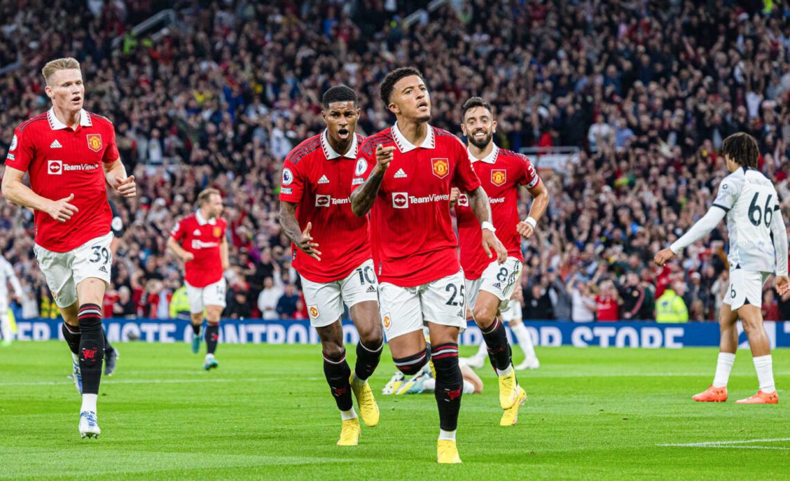 Jasdon Sancho celebrates scoring for Manchester United against Liverpool