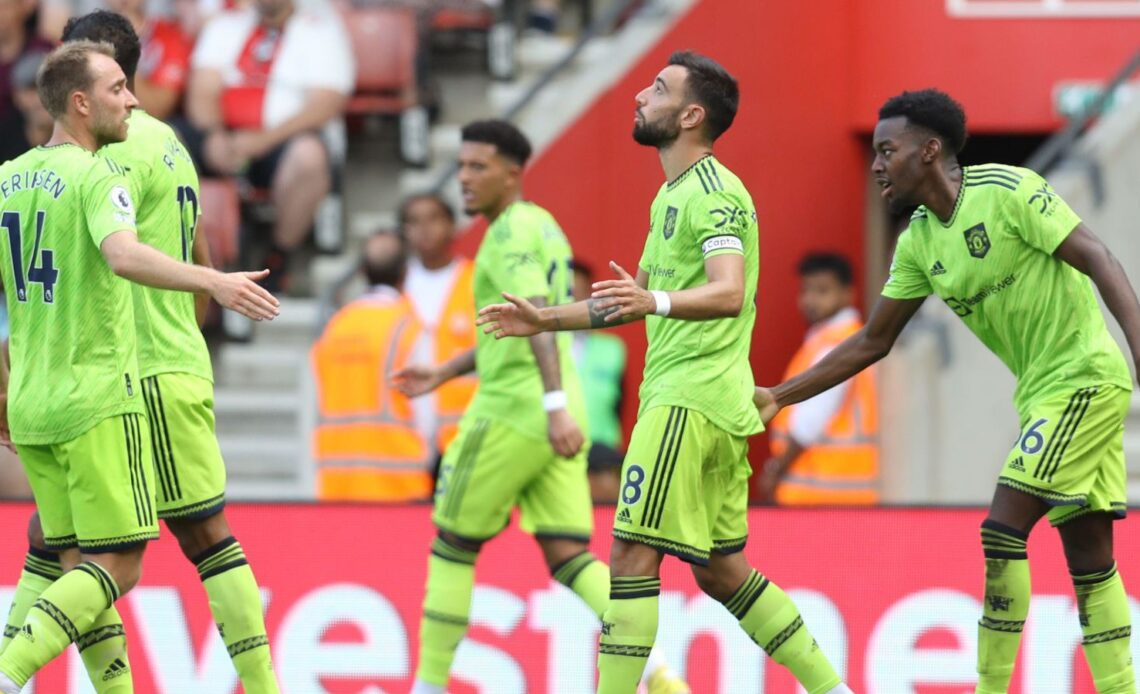 Bruno Fernandes celebrates after scoring for Manchester United in a 1-0 Premier League win at Southampton