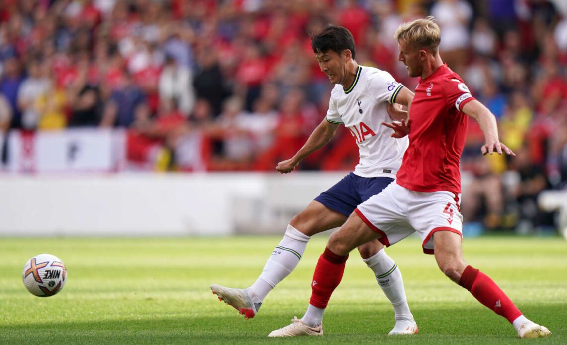 Son Heung-min of Spurs and Nottingham Forest's Joe Worrall