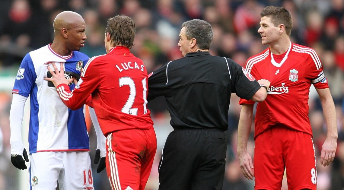 Blackburn's El-Hadgi Diouf clashes with Liverpool captain Steven Gerrard, Anfield, Liverpool, 28 February 2010
