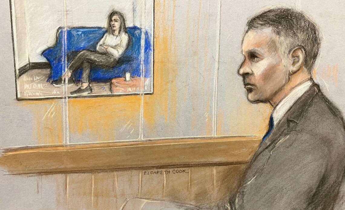 Court artist sketch of former Man United footballer Ryan Giggs at Manchester Crown Court watching ex-girlfriend Kate Greville