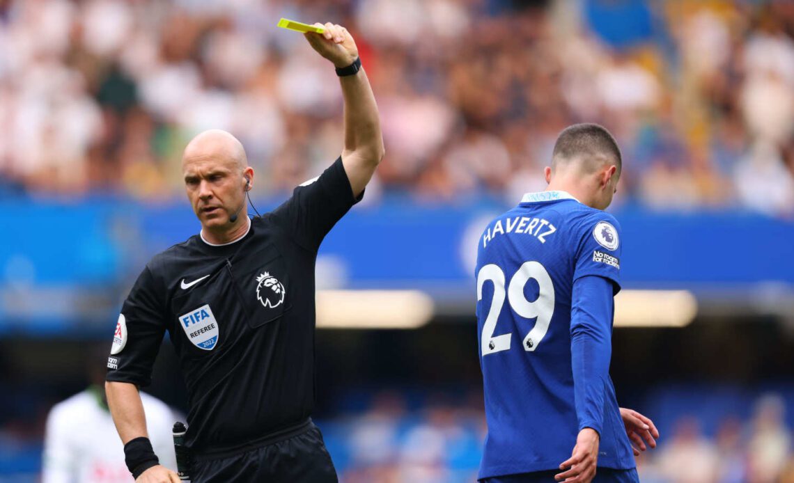 Anthony Taylor is at the centre of the current refereeing 'crisis', here booking Kai Havertz during Chelsea vs Spurs