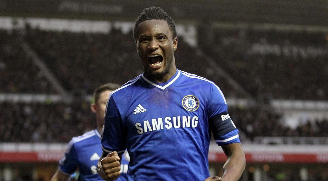 John Obi Mikel celebrates scoring for Chelsea against Derby County. Stamford Bridge, London, January 2014.