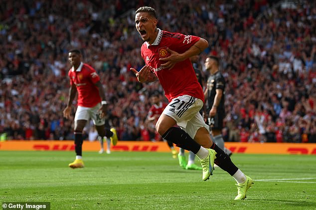 Antony celebrates scoring against Arsenal on his Manchester United debut on Sunday