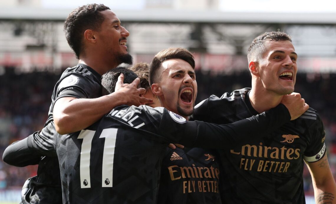 Arsenal players celebrate after Fabio Vieira scores in a 3-0 Premier League win over Brentford
