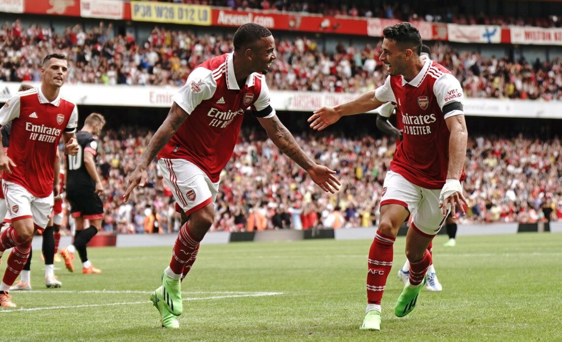 Arsenal duo Gabriel Jesus and Gabriel Martinelli celebrate a goal