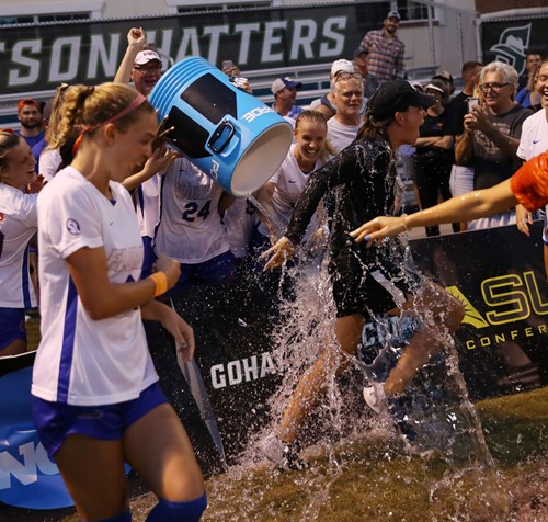 Samantha Bohons celebratory water cooler splash after her first victory as Gators Head Coach 220821