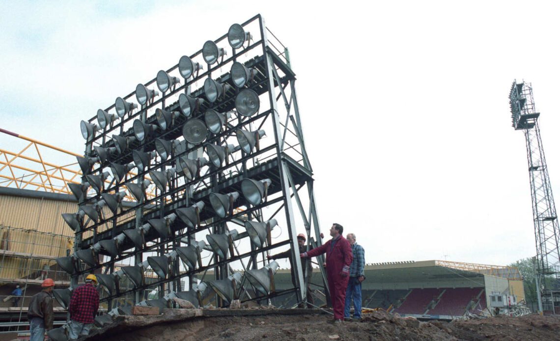 The floodlights at Molineux being replaced, in 1993