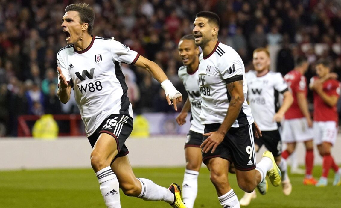 Fulham signing Joao Palhinha celebrates scoring v Forest