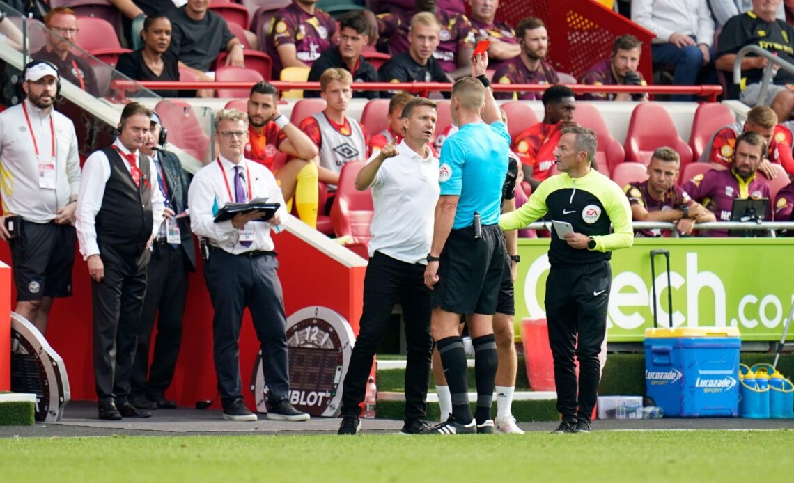 Leeds boss Jesse Marsch receiving a red card