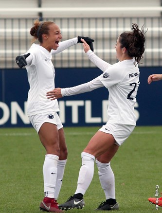 Penn States Marissa Sheva (27) celebrates her game winning goal with Ellie Jean (14), who had the assist, with 1:52 left in the game against Michigan during the 2018 Big Ten Womens Soccer Tournament quarterfinal game on Oct. 28, 2018. Penn State defeated Michigan 1-0.